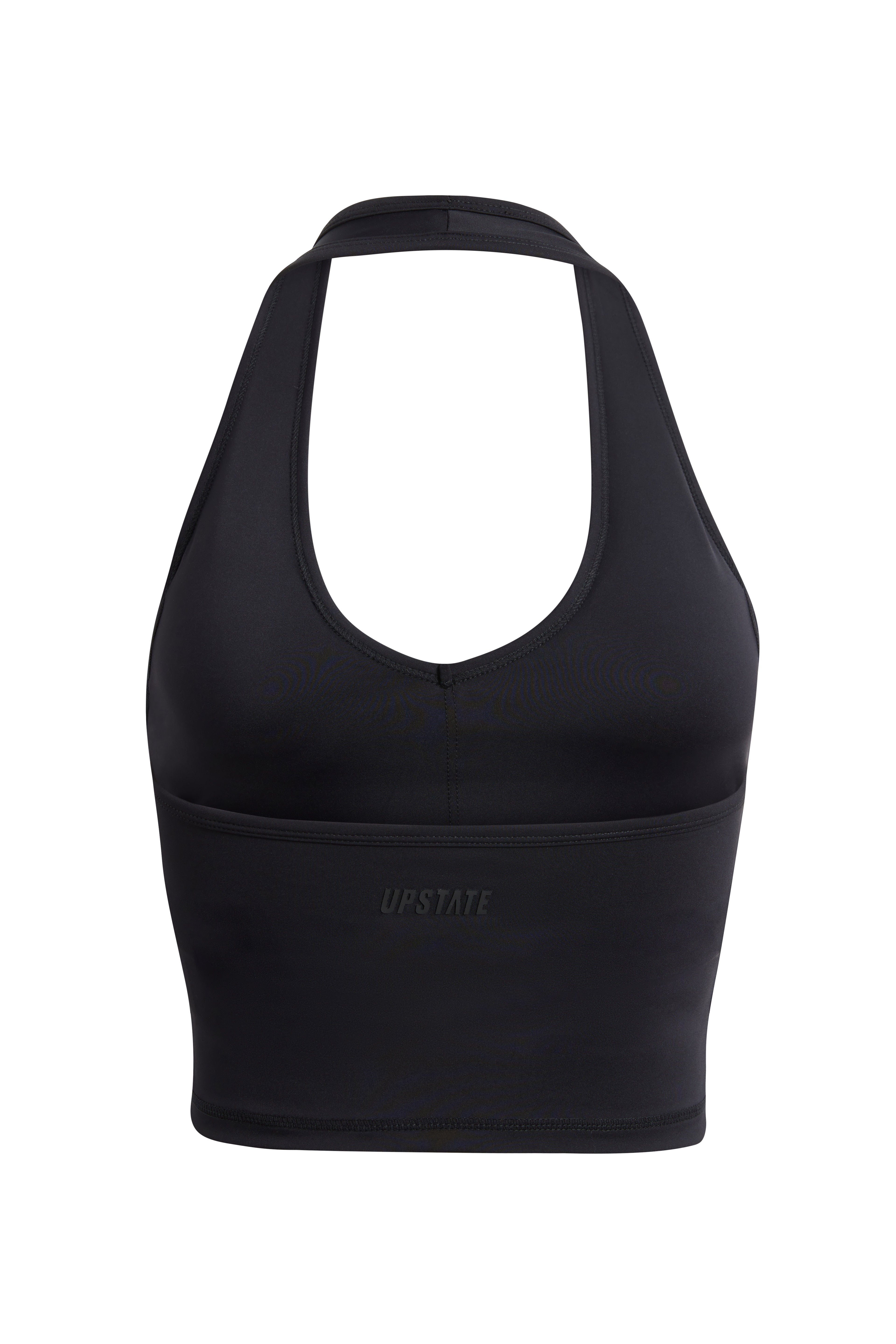 Black sports bra with a brand logo on a white background