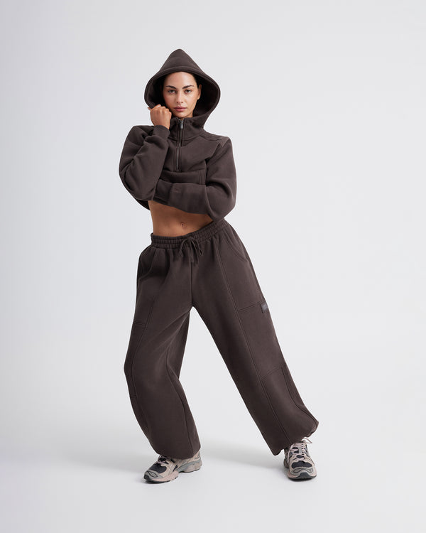 Plush Cropped Half Zip Hoodie - Espresso