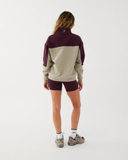 Half Zip Panelled Crew - Deep Cherry / Taupe