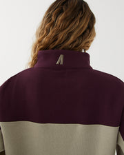 Half Zip Panelled Crew - Deep Cherry / Taupe