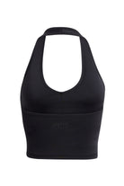 Black sports bra with a brand logo on a white background