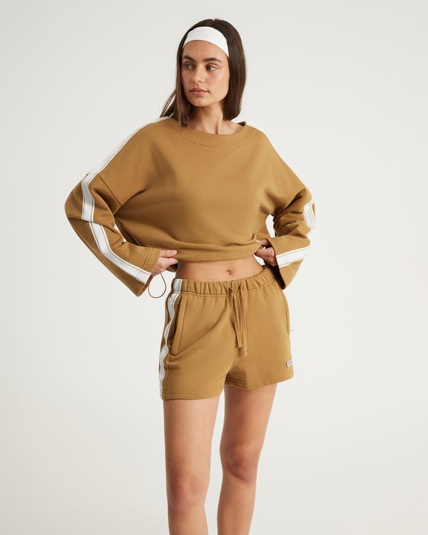 Terry Boxy Crop Long Sleeve Top - Toffee